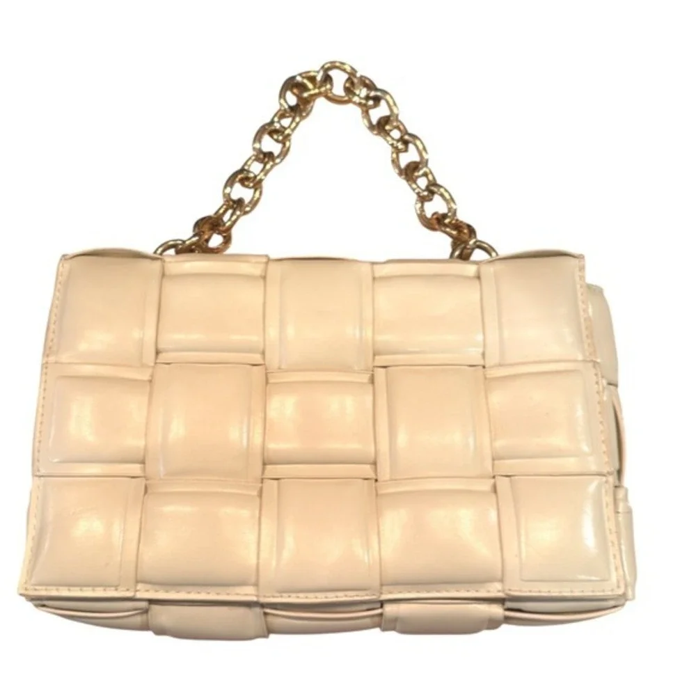 Cream Woven Padded‎ Chain Faux Leather Vegan Handbag Chic